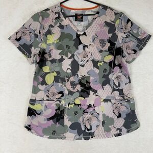 Dickies Women's XL Floral Print V-Neck Scrub Top Medical Work Shirt Pockets